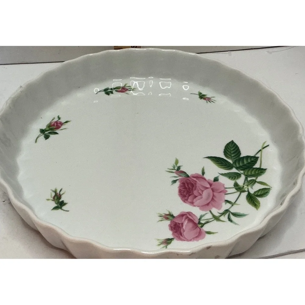 Christineholm Vintage Quiche Dish Pink Rose Floral Fluted Porcelain 10in Cottage